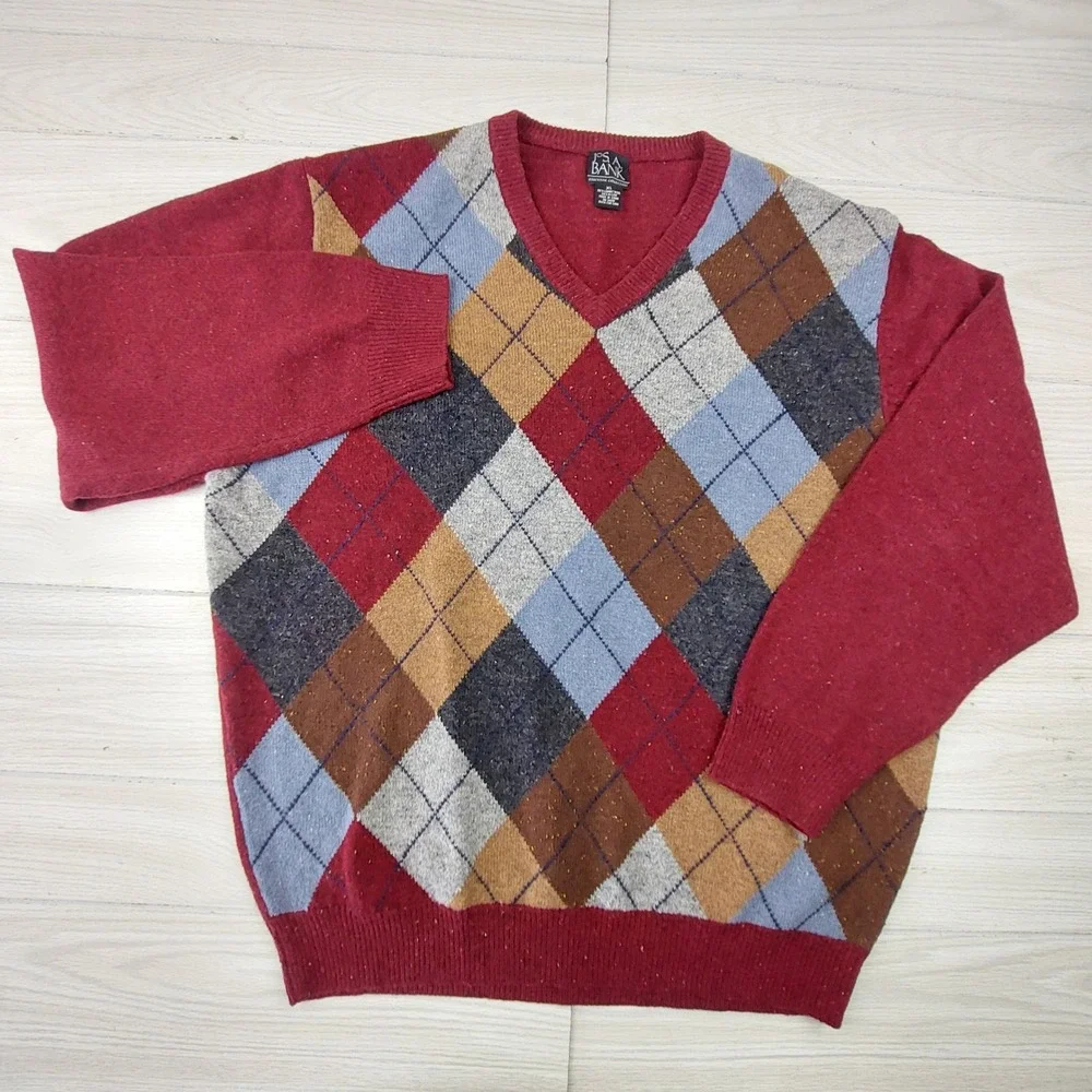 Jos. A. Bank Argyle Sweater Mens XL Burgundy Lambswool Blend V-Neck Executive
